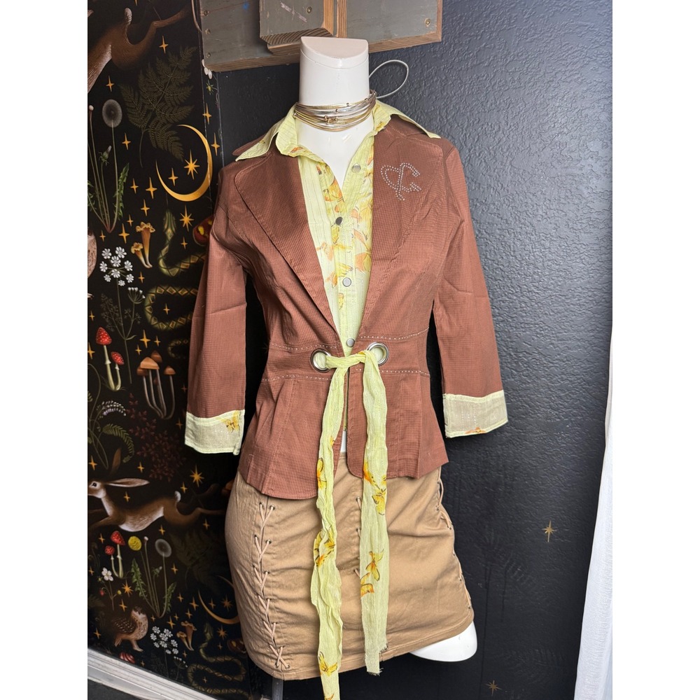 West 36 Brown Cotton Blazer Jacket Floral Collar Rhinestone Heart Size M J104